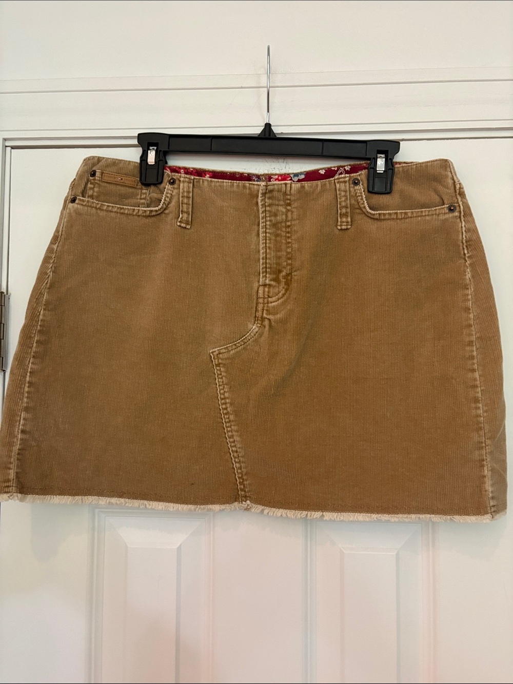 Vtg Y2K Tommy Jeans Corduroy Mini Skirt Frayed Hem/Floral Waistband/Tan